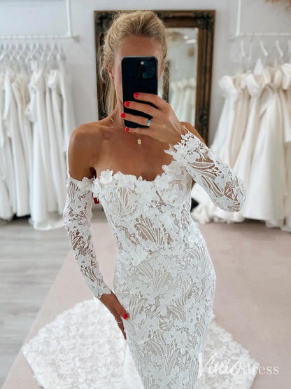 Boho Lace Mermaid Wedding Dress with Detachable Long Sleeves & Dramatic Train – ML109-wedding dresses 2025 -Viniodress-Ivory-Custom Size-