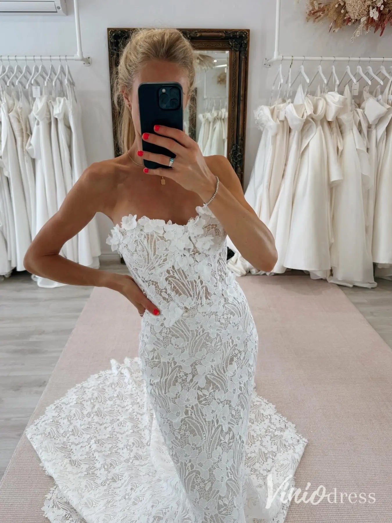 Boho Lace Mermaid Wedding Dress with Dramatic Train – ML109 – Viniodress