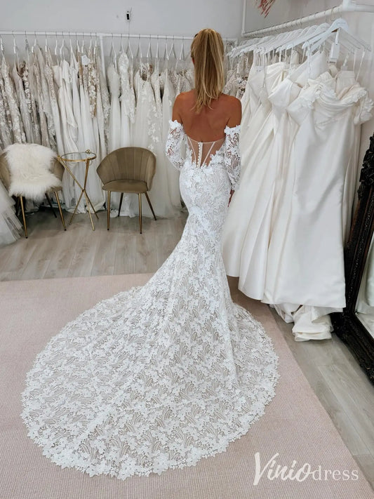 Boho Lace Mermaid Wedding Dress with Detachable Long Sleeves & Dramatic Train – ML109-wedding dresses 2025 -Viniodress-Ivory-Custom Size-