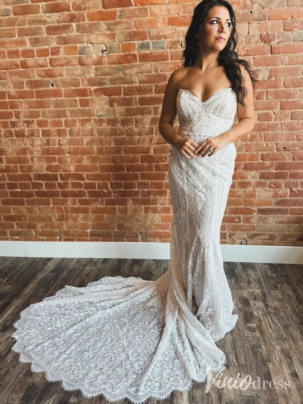 Boho Lace Mermaid Wedding Dress with Fringe Sleeves, Sweetheart Neckline, Chapel Train – BH120-wedding dresses 2025 -Viniodress-Ivory-Custom Size-