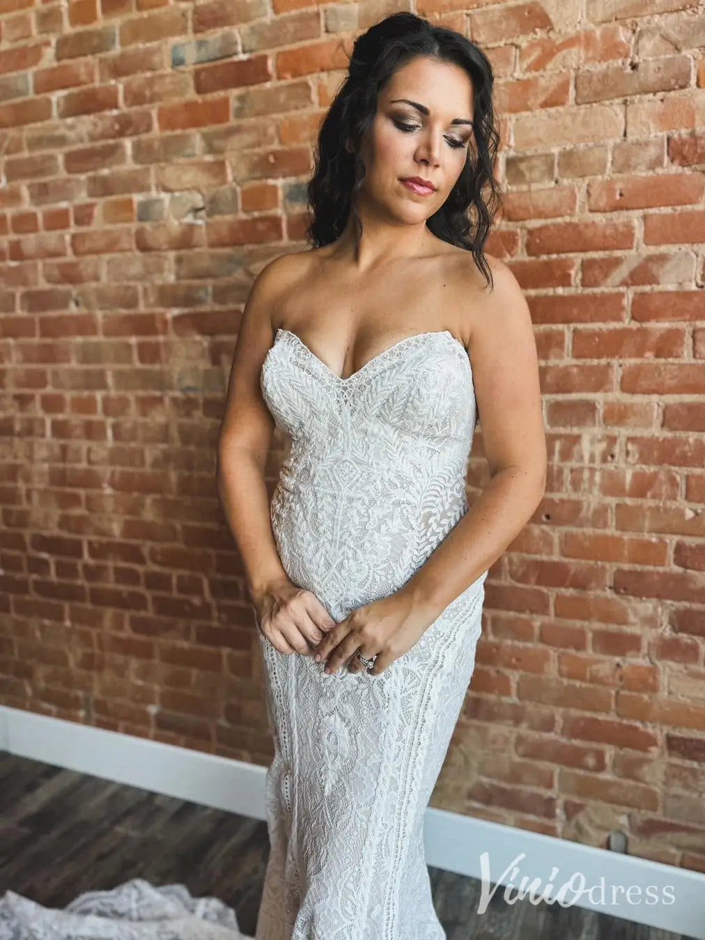 Boho Lace Mermaid Wedding Dress with Fringe Sleeves, Sweetheart Neckline, Chapel Train – BH120-wedding dresses 2025 -Viniodress-Ivory-Custom Size-