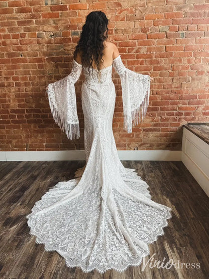 Boho Lace Mermaid Wedding Dress with Fringe Sleeves, Sweetheart Neckline, Chapel Train – BH120-wedding dresses 2025 -Viniodress-Ivory-Custom Size-