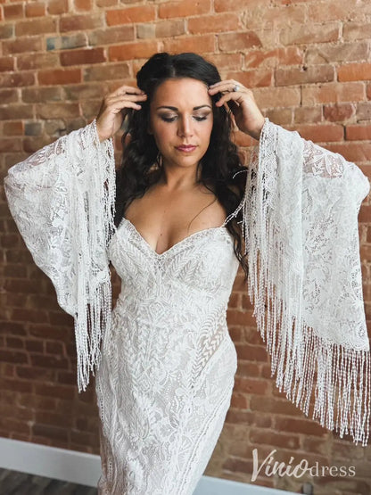 Boho Lace Mermaid Wedding Dress with Fringe Sleeves, Sweetheart Neckline, Chapel Train – BH120-wedding dresses 2025 -Viniodress-Ivory-Custom Size-