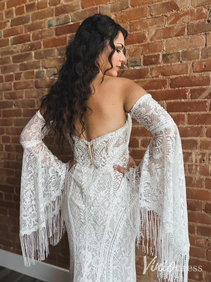 Boho Lace Mermaid Wedding Dress with Fringe Sleeves, Sweetheart Neckline, Chapel Train – BH120-wedding dresses 2025 -Viniodress-Ivory-Custom Size-