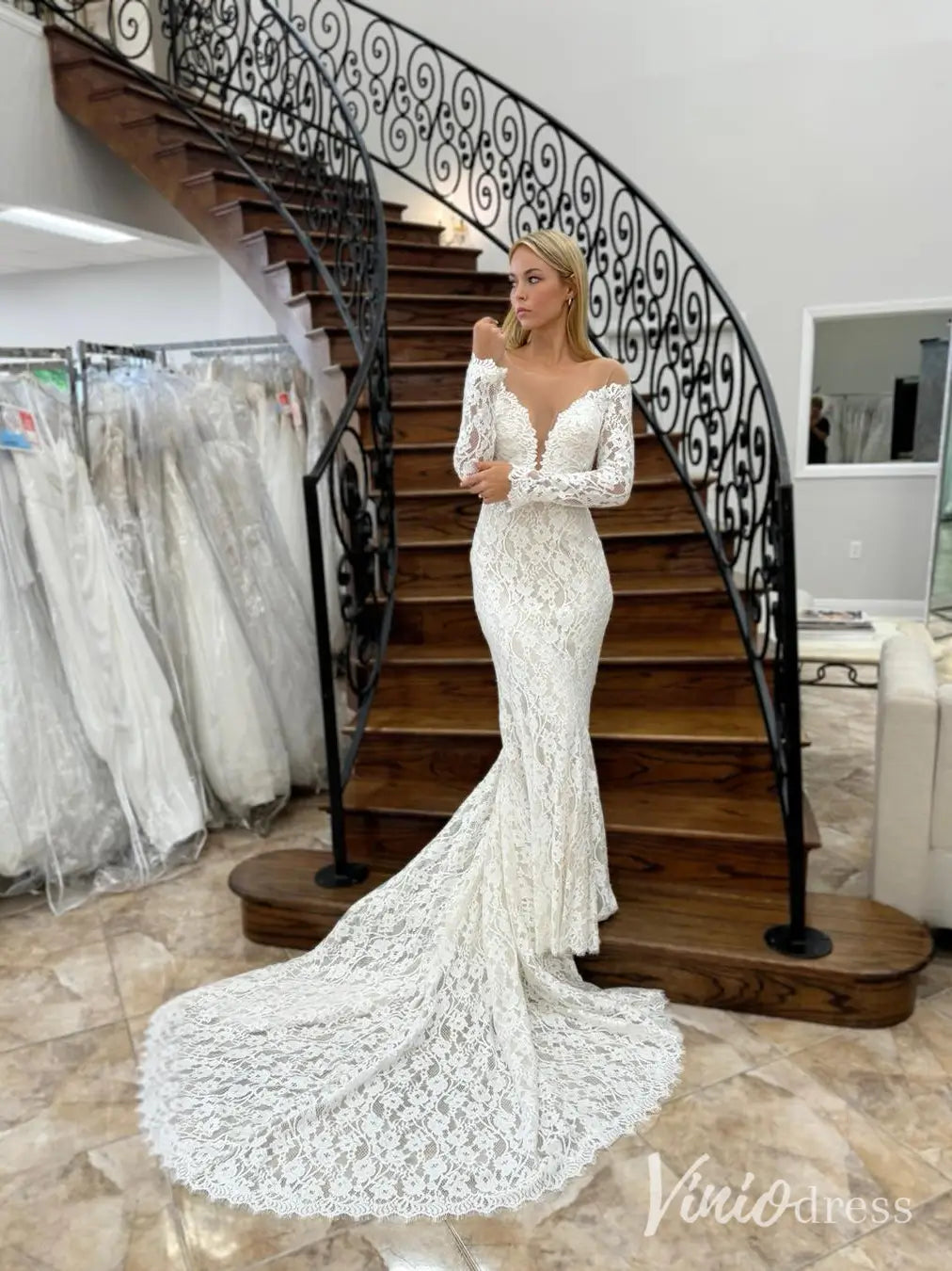 Boho Lace Mermaid Wedding Dress with Illusion Back, Long Sleeves & Chapel Train – ML107-wedding dresses 2025 -Viniodress-Ivory-Custom Size-