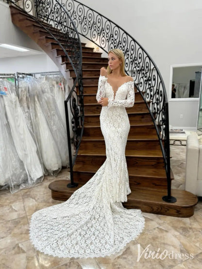 Boho Lace Mermaid Wedding Dress with Illusion Back, Long Sleeves & Chapel Train – ML107-wedding dresses 2025 -Viniodress-Ivory-Custom Size-
