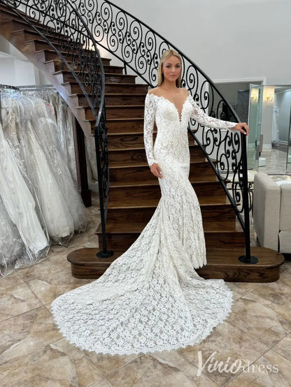 Boho Lace Mermaid Wedding Dress with Illusion Back, Long Sleeves & Chapel Train – ML107-wedding dresses 2025 -Viniodress-Ivory-Custom Size-