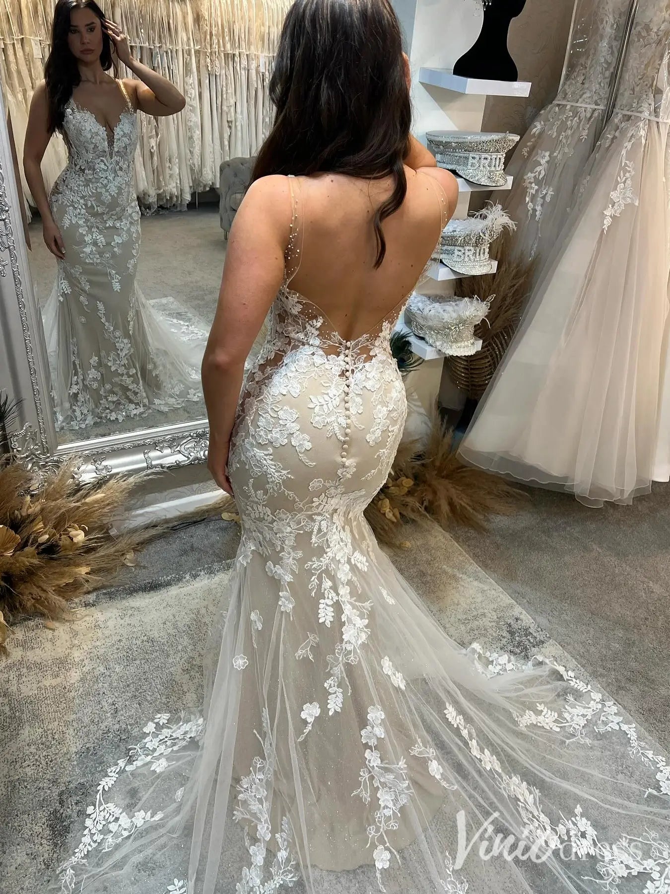 Boho Lace Mermaid Wedding Dress with Nude Lining, Plunging V-Neck & Chapel Train – ML108-wedding dresses 2025 -Viniodress-Nude-Custom Size-