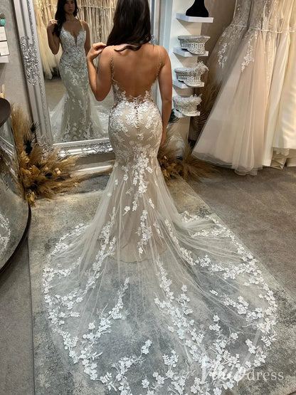 Boho Lace Mermaid Wedding Dress with Nude Lining, Plunging V-Neck & Chapel Train – ML108-wedding dresses 2025 -Viniodress-Nude-Custom Size-