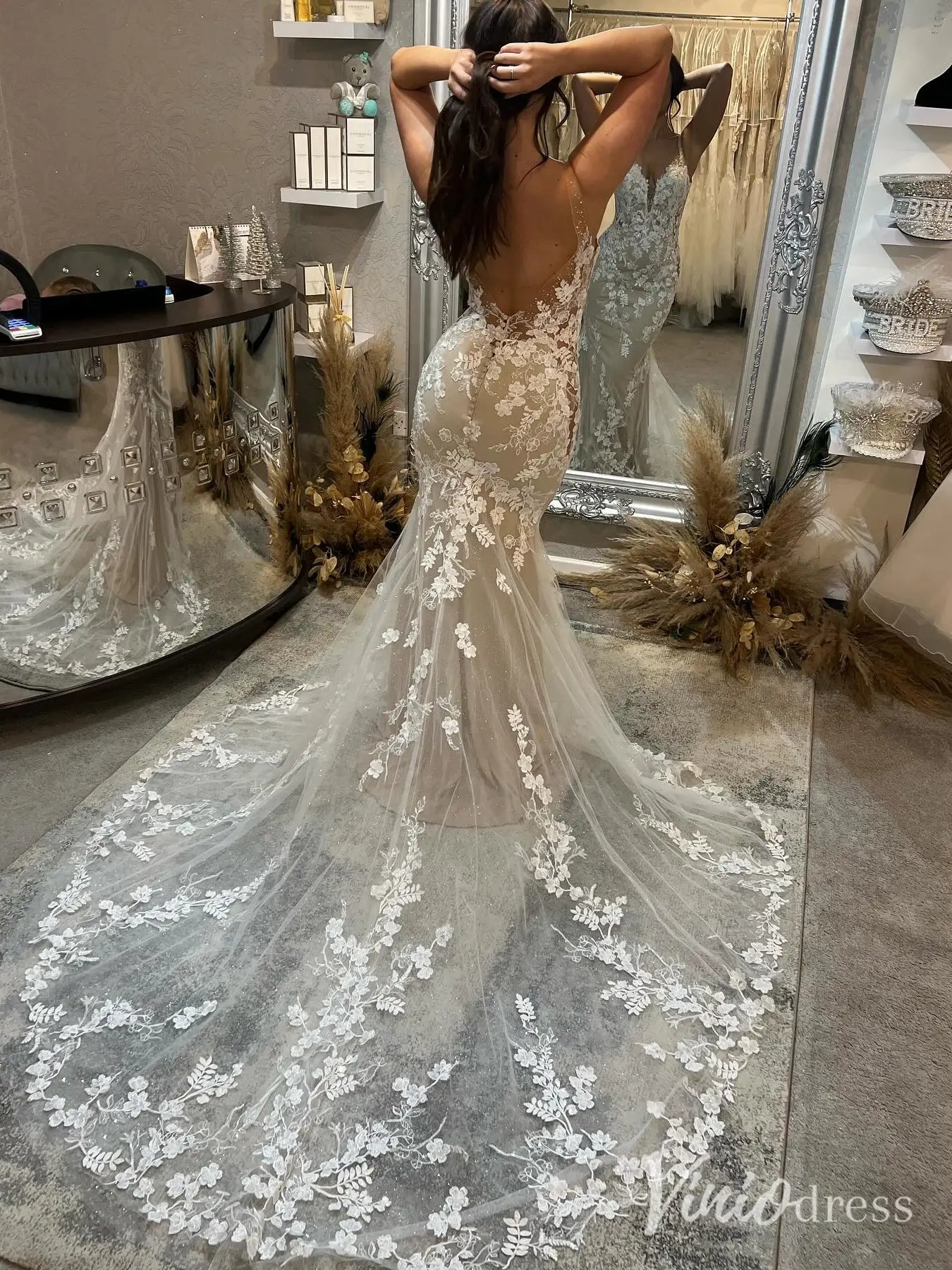 Boho Lace Mermaid Wedding Dress with Nude Lining, Plunging V-Neck & Chapel Train – ML108-wedding dresses 2025 -Viniodress-Nude-Custom Size-