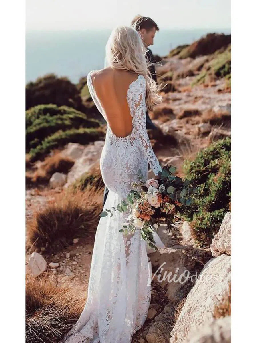 Boho Lace Mermaid Wedding Dresses with Sleeves Viniodress VW1112-wedding dresses 2025 -Viniodress-Beige-Custom Size-