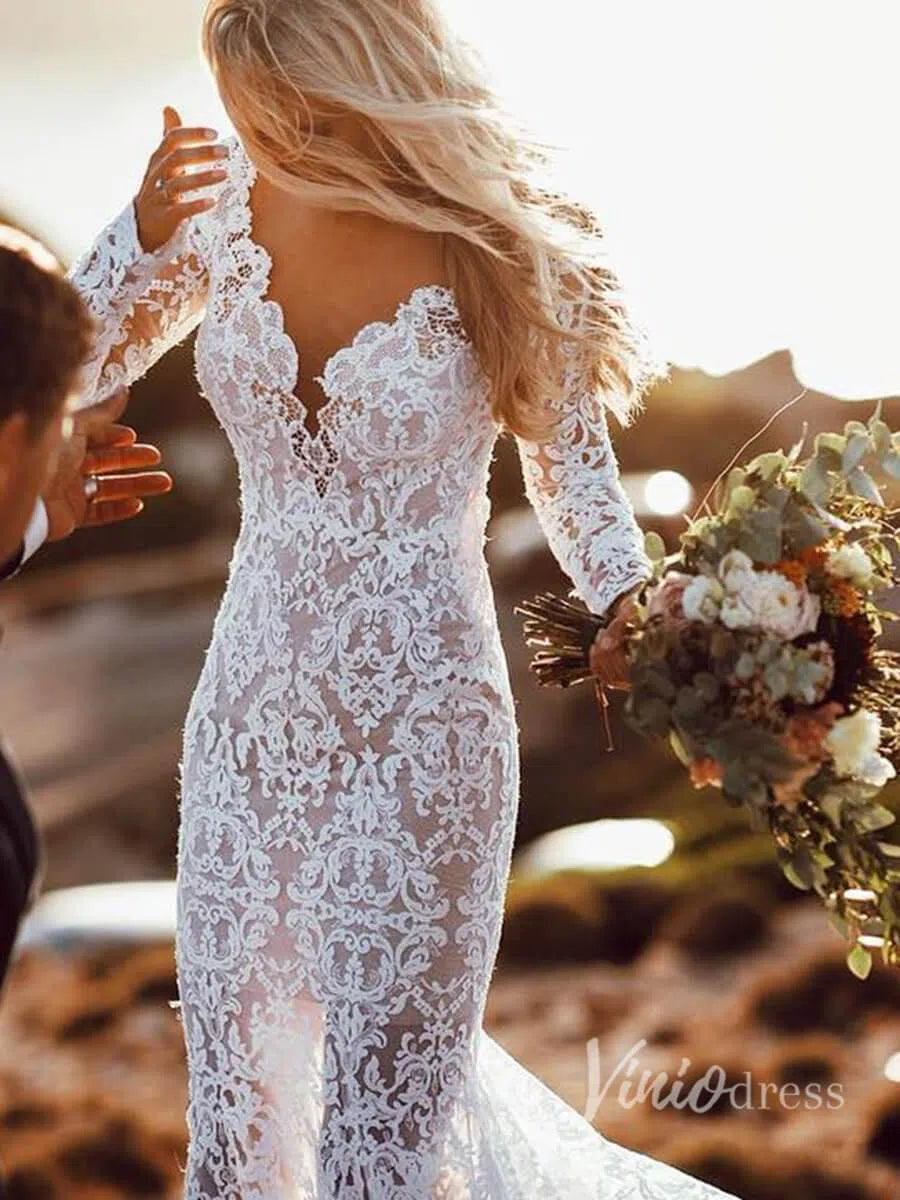 Boho Lace Mermaid Wedding Dresses with Sleeves Viniodress VW1112-wedding dresses 2025 -Viniodress-Beige-Custom Size-