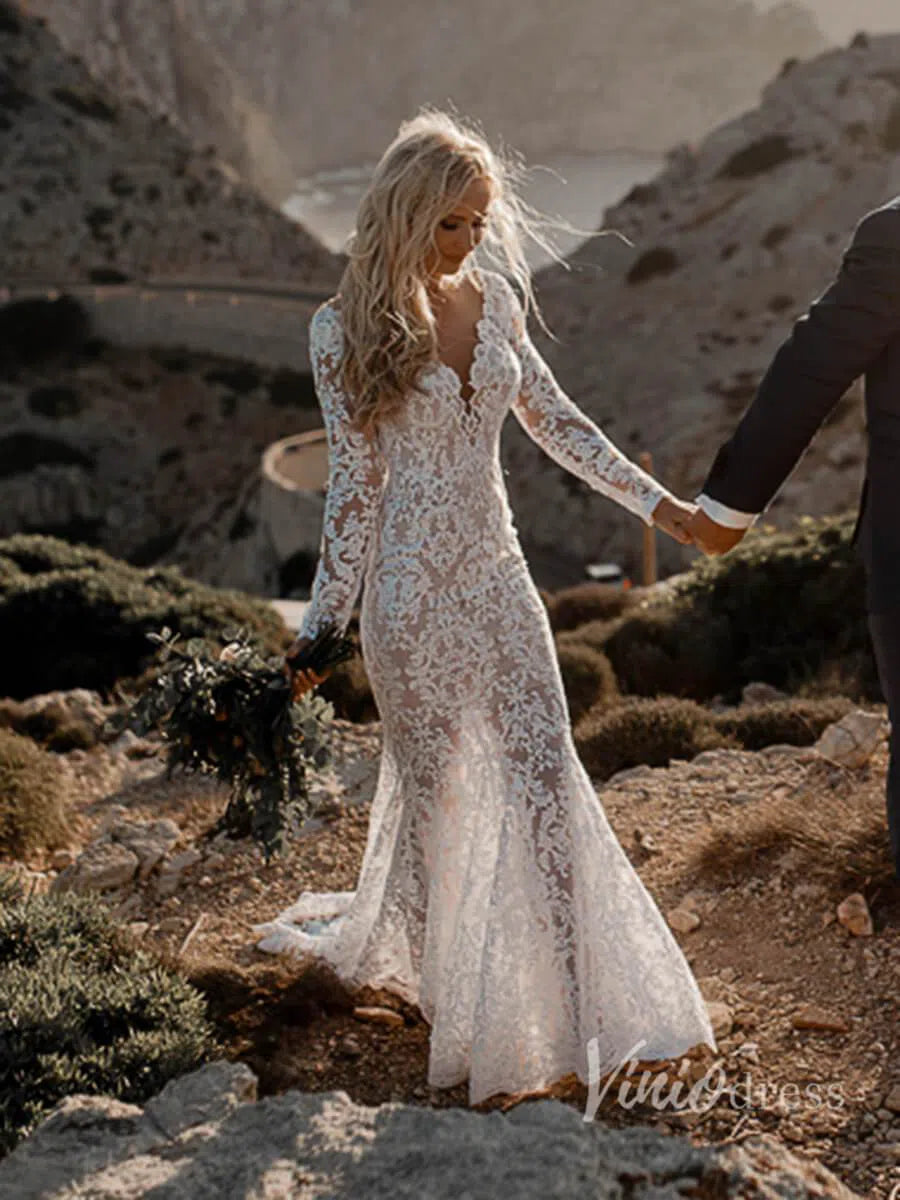 Boho Lace Mermaid Wedding Dresses with Sleeves Viniodress VW1112-wedding dresses 2025 -Viniodress-Beige-Custom Size-