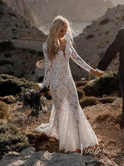 Boho Lace Mermaid Wedding Dresses with Sleeves Viniodress VW1112-wedding dresses 2025 -Viniodress-Beige-Custom Size-