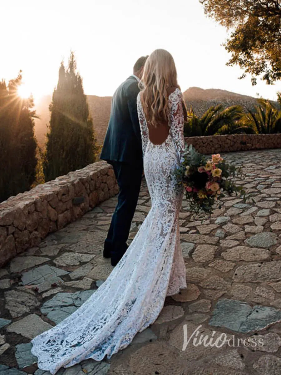 Boho Lace Mermaid Wedding Dresses with Sleeves Viniodress VW1112-wedding dresses 2025 -Viniodress-Beige-Custom Size-