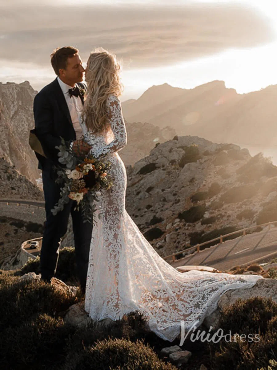 Boho Lace Mermaid Wedding Dresses with Sleeves Viniodress VW1112-wedding dresses 2025 -Viniodress-Beige-Custom Size-