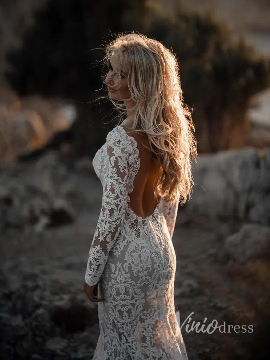 Boho Lace Mermaid Wedding Dresses with Sleeves Viniodress VW1112-wedding dresses 2025 -Viniodress-Beige-Custom Size-