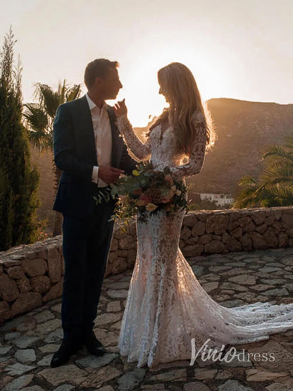 Boho Lace Mermaid Wedding Dresses with Sleeves Viniodress VW1112-wedding dresses 2025 -Viniodress-Beige-Custom Size-