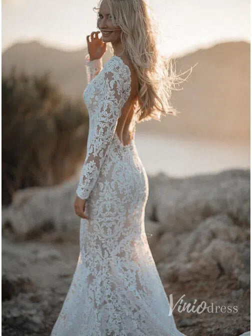 Boho Lace Mermaid Wedding Dresses with Sleeves Viniodress VW1112-wedding dresses 2025 -Viniodress-Beige-Custom Size-
