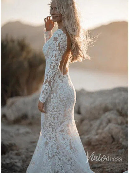 Boho Lace Mermaid Wedding Dresses with Sleeves Viniodress VW1112-wedding dresses 2025 -Viniodress-Beige-Custom Size-