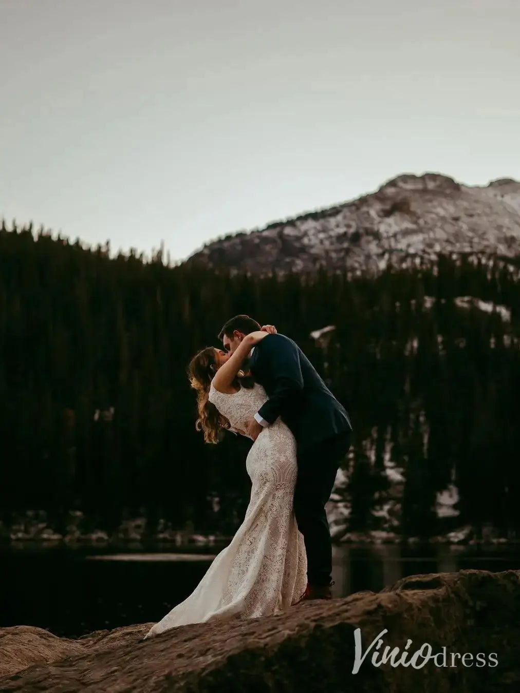 Boho Lace Wedding Dress with Cap Sleeves, Low Back, Lacy Hem – BH102B-wedding dresses 2025 -Viniodress-Ivory-Custom Size-