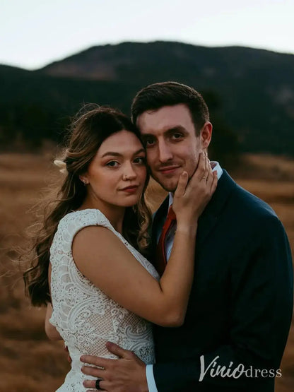 Boho Lace Wedding Dress with Cap Sleeves, Low Back, Lacy Hem – BH102B-wedding dresses 2025 -Viniodress-Ivory-Custom Size-