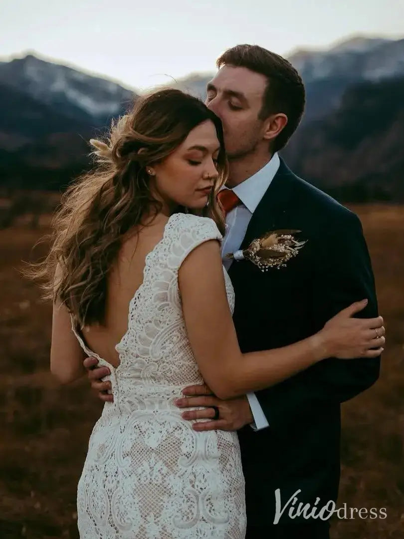 Boho Lace Wedding Dress with Cap Sleeves, Low Back, Lacy Hem – BH102B-wedding dresses 2025 -Viniodress-Ivory-Custom Size-