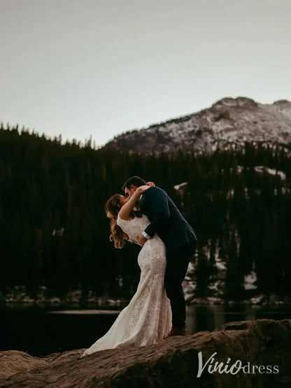 Boho Lace Wedding Dress with Cap Sleeves, Low Back, Lacy Hem – BH102B-wedding dresses 2025 -Viniodress-Ivory-Custom Size-