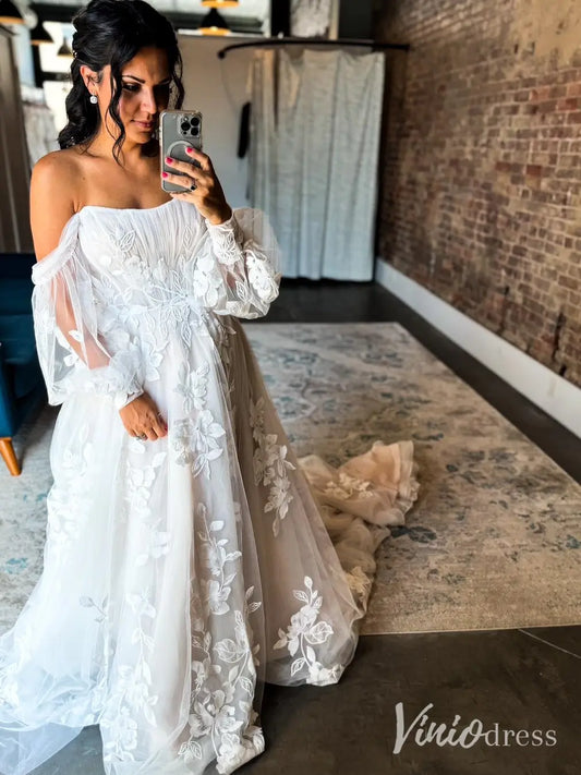 Boho Lace Wedding Dress with Puff Sleeves, Pleated Bodice, Floral Appliqués, Chapel Train – LA105-wedding dresses 2025 -Viniodress-Ivory-Custom Size-