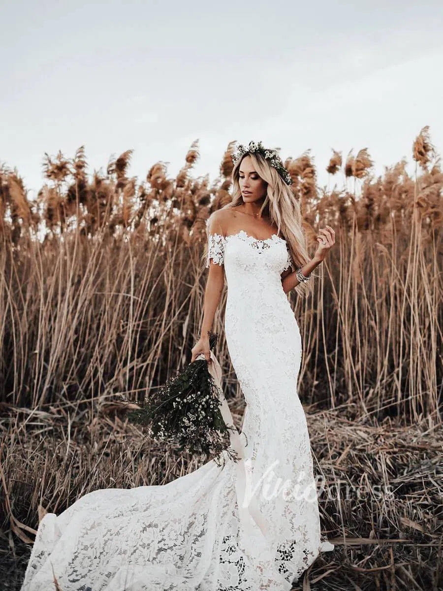 Boho Lace Wedding Dresses Lace Mermaid Wedding Dress Viniodress VW1108-wedding dresses-Viniodress-Ivory-Custom Size-Viniodress