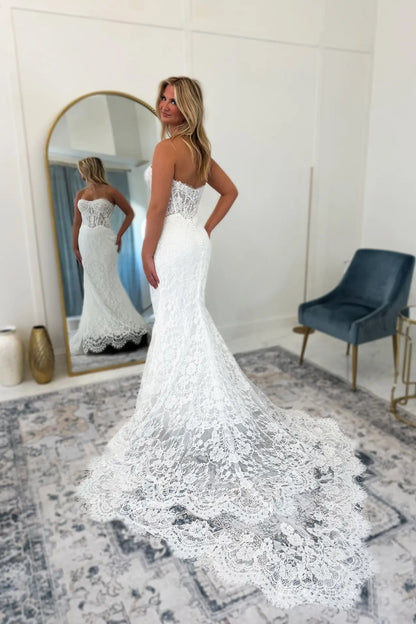 Boho Mermaid French Lace Bridal Gown | Removable Sheer Sleeves, Basque Waist & Asymmetric Lace Train VW2201-wedding dresses 2025 -Viniodress-Ivory-Custom Size-