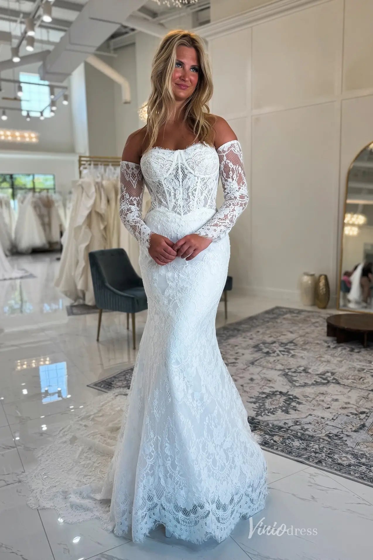 Boho Mermaid French Lace Bridal Gown | Removable Sheer Sleeves, Basque Waist & Asymmetric Lace Train VW2201-wedding dresses 2025 -Viniodress-Ivory-Custom Size-
