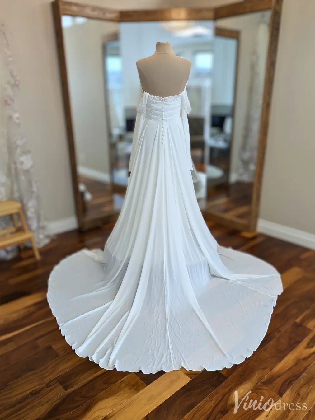Boho Off-Shoulder Chiffon Wedding Dress with Sweetheart Neckline & Flowing Train – VW2531-wedding dresses 2025 -Viniodress-White-Custom Size-