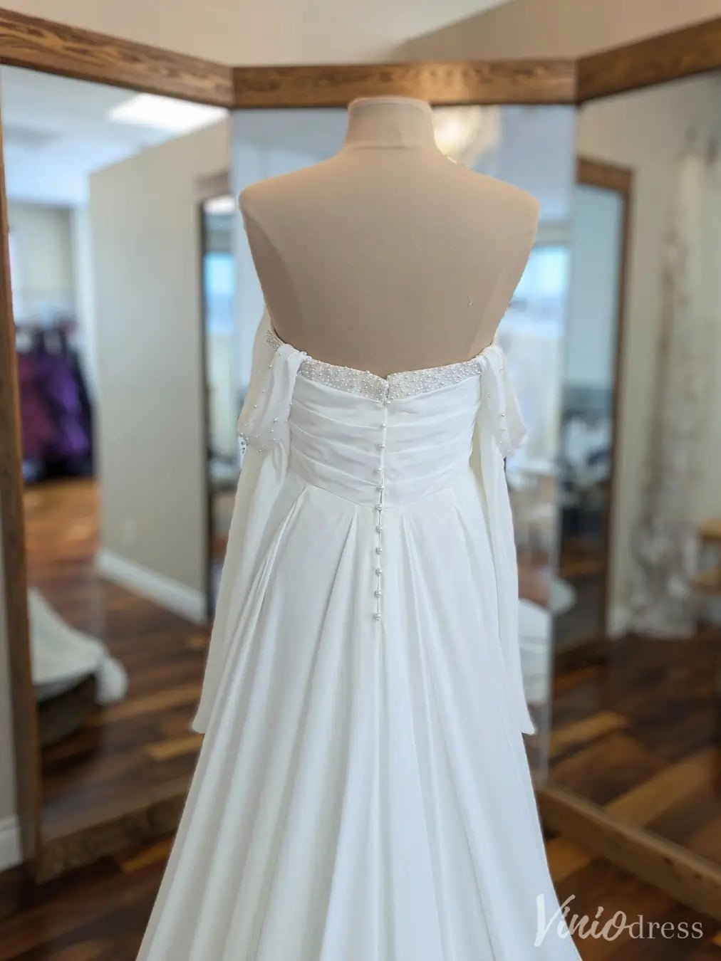 Boho Off-Shoulder Chiffon Wedding Dress with Sweetheart Neckline & Flowing Train – VW2531-wedding dresses 2025 -Viniodress-White-Custom Size-