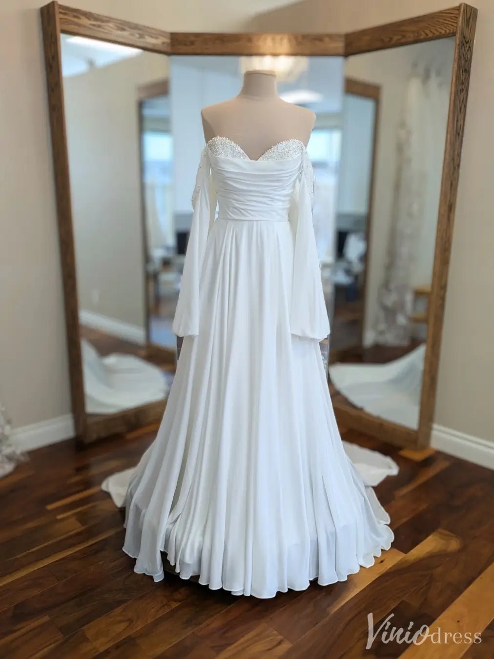 Boho Off-Shoulder Chiffon Wedding Dress with Sweetheart Neckline & Flowing Train – VW2531-wedding dresses 2025 -Viniodress-White-Custom Size-