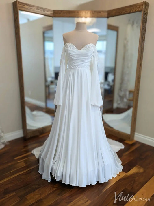 Boho Off-Shoulder Chiffon Wedding Dress with Sweetheart Neckline & Flowing Train – VW2531-wedding dresses 2025 -Viniodress-White-Custom Size-