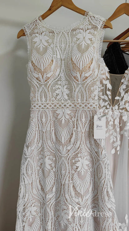 Boho Sheath Wedding Dress | Pearl Beaded Bodice with Guipure Lace & Open Back VW1125-wedding dresses 2025 -Viniodress-Ivory-Custom Size-