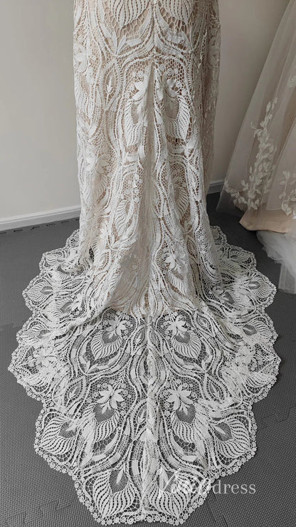 Boho Sheath Wedding Dress | Pearl Beaded Bodice with Guipure Lace & Open Back VW1125-wedding dresses 2025 -Viniodress-Ivory-Custom Size-