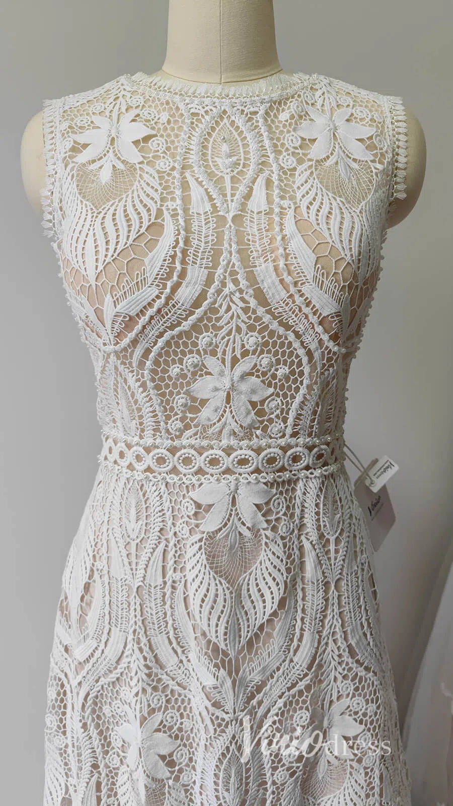 Boho Sheath Wedding Dress | Pearl Beaded Bodice with Guipure Lace & Open Back VW1125-wedding dresses 2025 -Viniodress-Ivory-Custom Size-