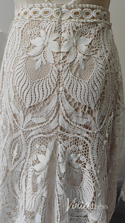 Boho Sheath Wedding Dress | Pearl Beaded Bodice with Guipure Lace & Open Back VW1125-wedding dresses 2025 -Viniodress-Ivory-Custom Size-