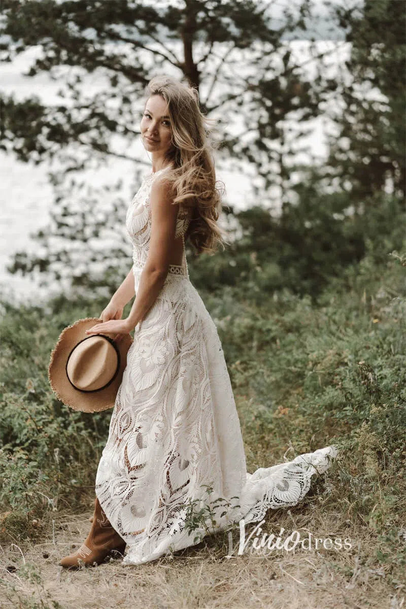 Boho Sheath Wedding Dress | Pearl Beaded Bodice with Guipure Lace & Open Back VW1125-wedding dresses 2025 -Viniodress-Ivory-Custom Size-