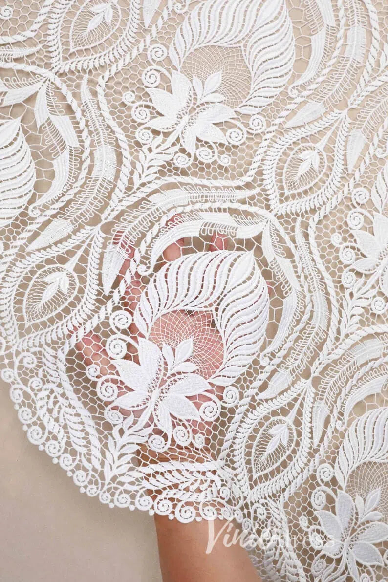 Boho Sheath Wedding Dress | Pearl Beaded Bodice with Guipure Lace & Open Back VW1125-wedding dresses 2025 -Viniodress-Ivory-Custom Size-