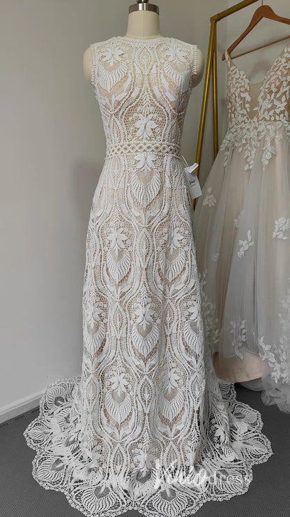 Boho Sheath Wedding Dress | Pearl Beaded Bodice with Guipure Lace & Open Back VW1125-wedding dresses 2025 -Viniodress-Ivory-Custom Size-