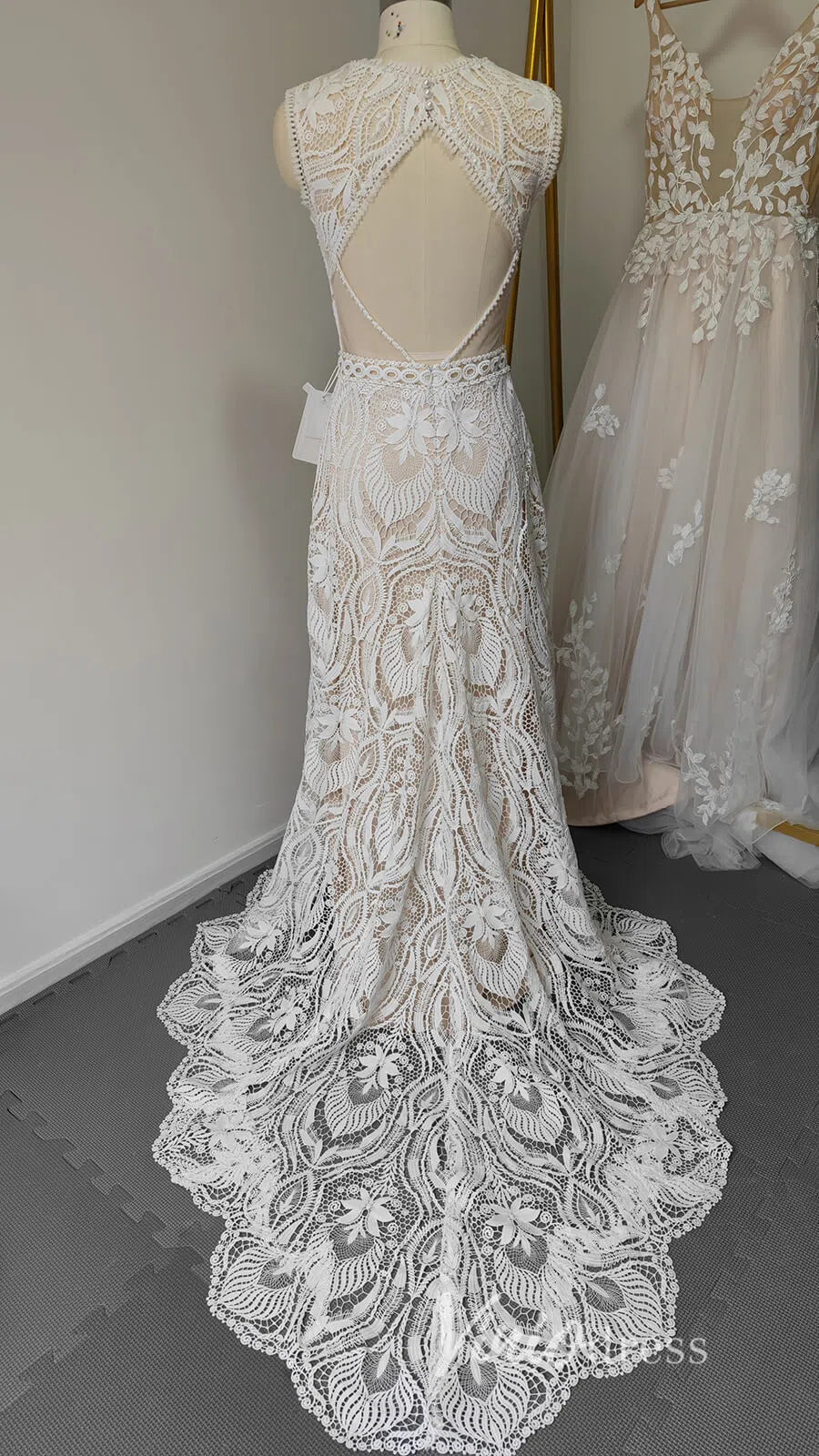 Boho Sheath Wedding Dress | Pearl Beaded Bodice with Guipure Lace & Open Back VW1125-wedding dresses 2025 -Viniodress-Ivory-Custom Size-