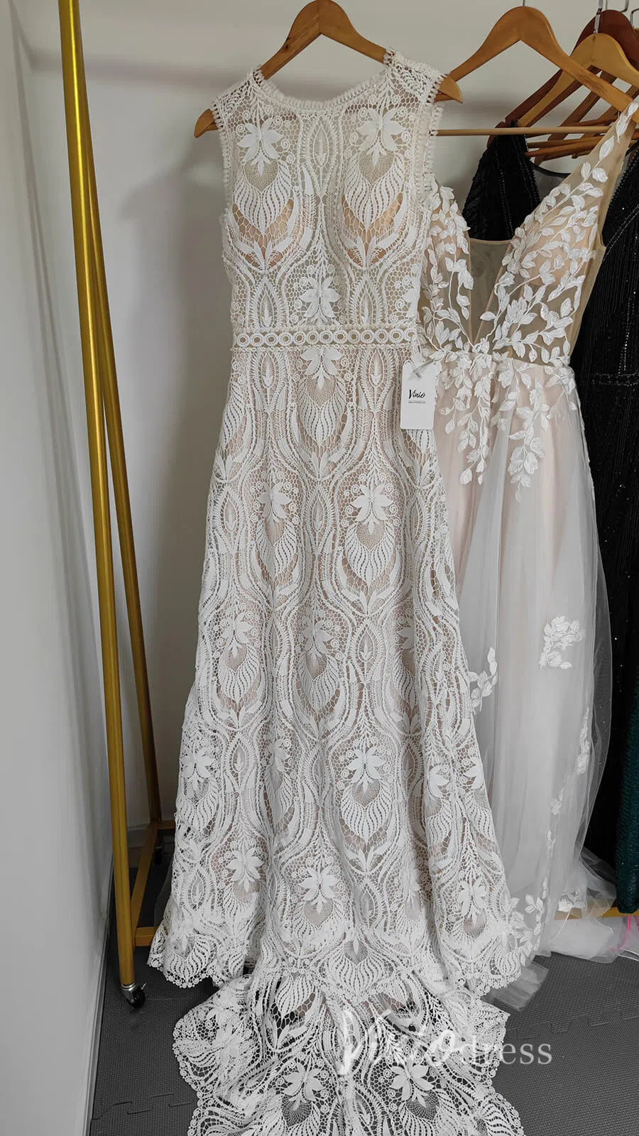 Boho Sheath Wedding Dress | Pearl Beaded Bodice with Guipure Lace & Open Back VW1125-wedding dresses 2025 -Viniodress-Ivory-Custom Size-