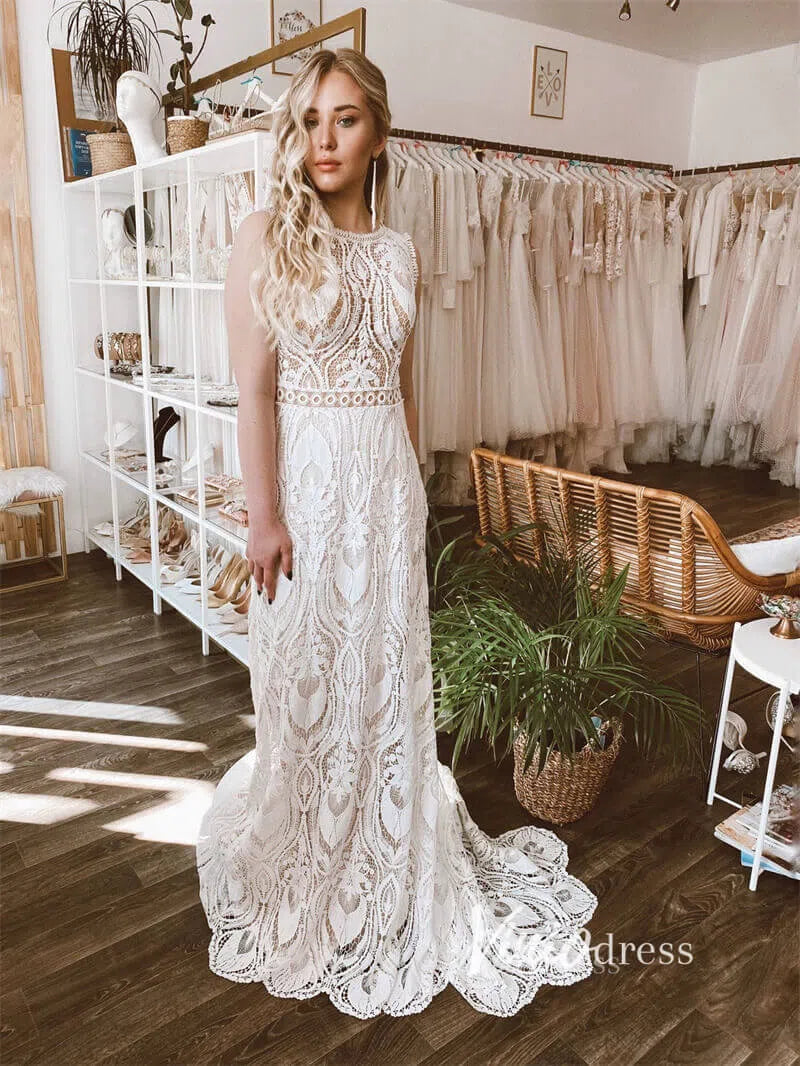 Boho Sheath Wedding Dress | Pearl Beaded Bodice with Guipure Lace & Open Back VW1125-wedding dresses 2025 -Viniodress-Ivory-Custom Size-