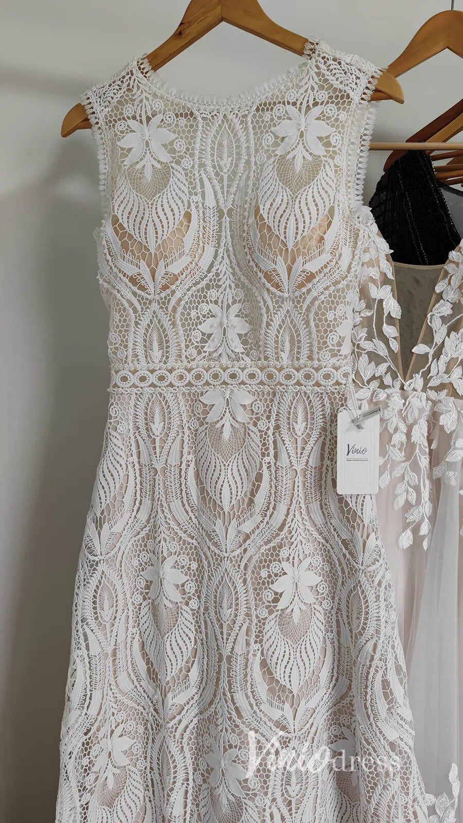 Boho Sheath Wedding Dress | Pearl Beaded Bodice with Guipure Lace & Open Back VW1125-wedding dresses 2025 -Viniodress-Ivory-Custom Size-