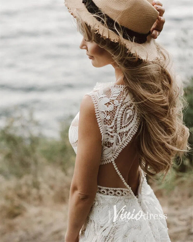 Boho Sheath Wedding Dress | Pearl Beaded Bodice with Guipure Lace & Open Back VW1125-wedding dresses 2025 -Viniodress-Ivory-Custom Size-