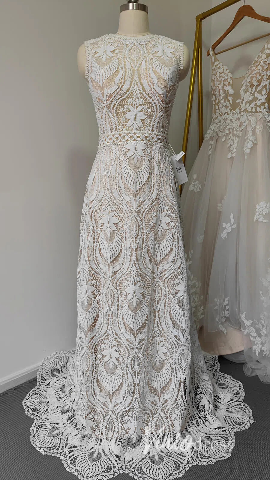 Boho Sheath Wedding Dress | Pearl Beaded Bodice with Guipure Lace & Open Back VW1125-wedding dresses 2025 -Viniodress-Ivory-Custom Size-