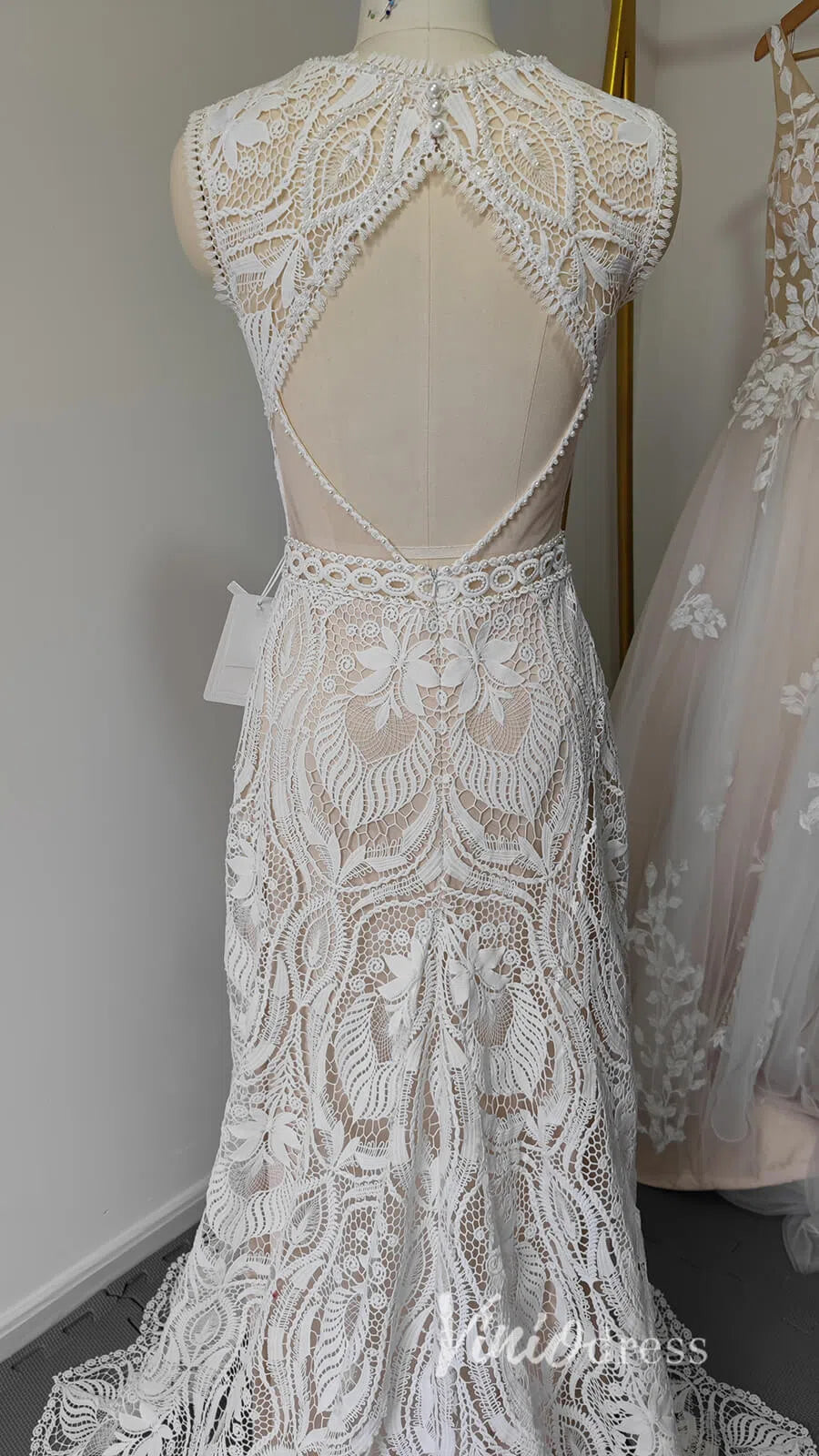 Boho Sheath Wedding Dress | Pearl Beaded Bodice with Guipure Lace & Open Back VW1125-wedding dresses 2025 -Viniodress-Ivory-Custom Size-